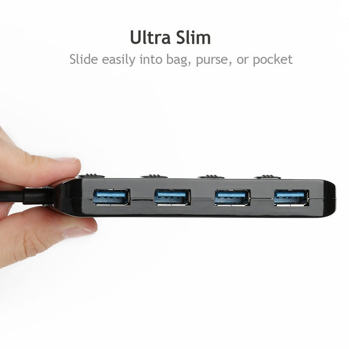 Multi USB Port Expander, Ultra Slim USB Hub 3.0, 4-Ports USB Splitter High-Speed USB Data Hub with Individual On/Off Power Switches for Laptop, Computer, PC, Thumb Driver and More