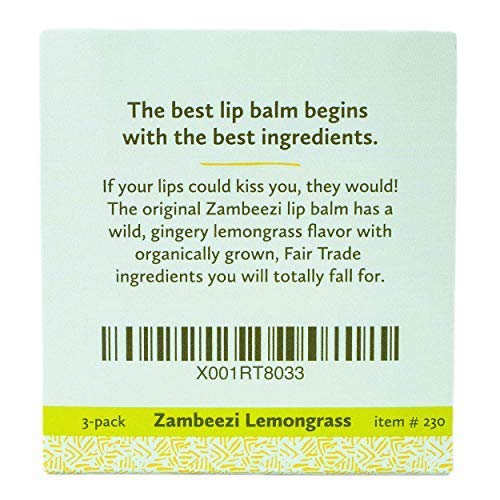 Beeswax Lip Balm by ZAMBEEZI - Lemongrass 3 pack - Crafted with USDA Certified Organic, Fair.