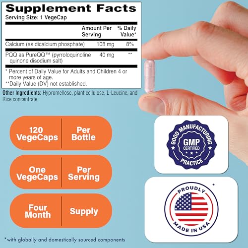 PQQ 40mg 120 Servings Pyrroloquinoline Quinone as PureQQ | Promotes Mitochondrial Biogenesis | Certified Vegan | Non-GMO Gluten Soy Free Capsules| Clean Label PQQ Supplement