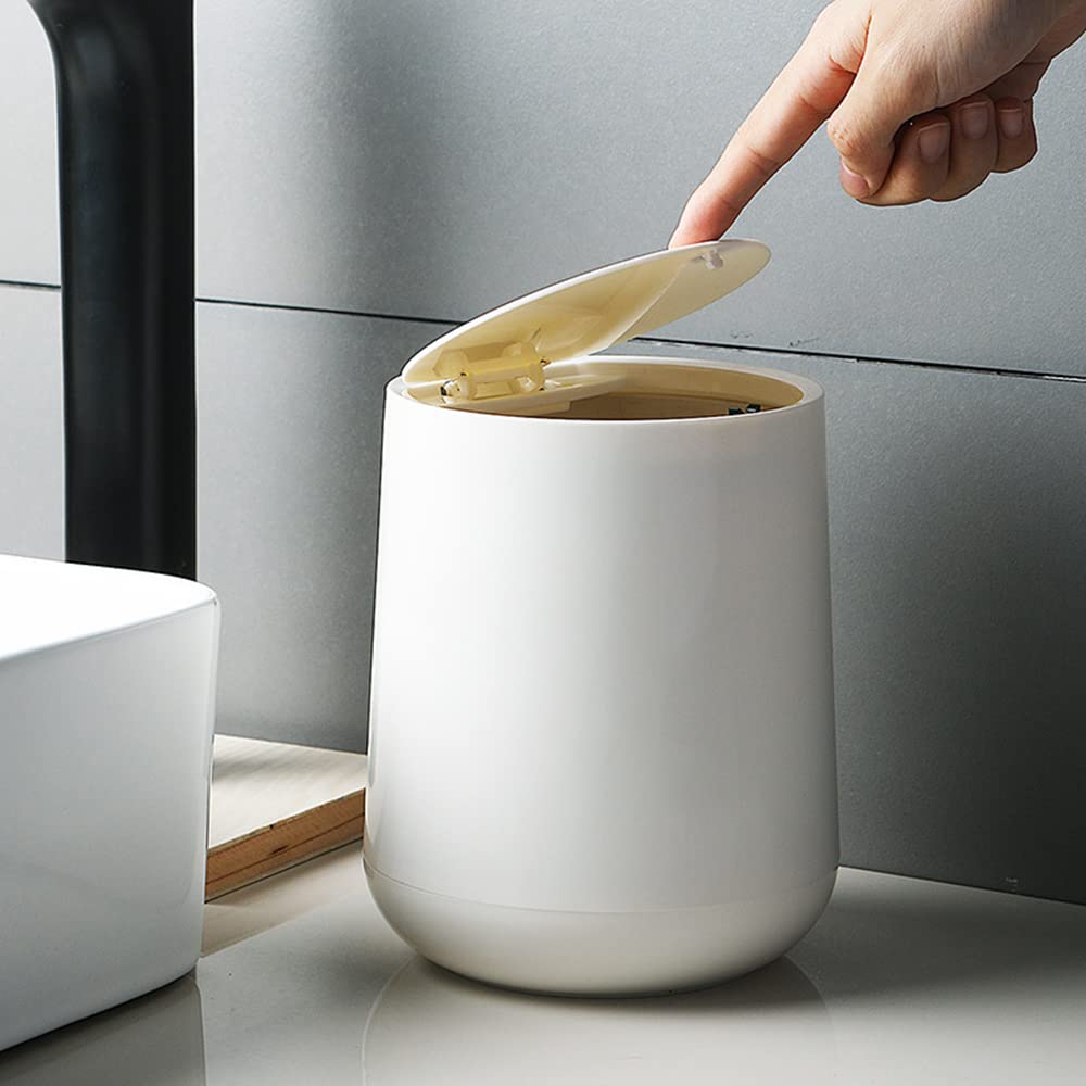 Small Garbage Can,Small Bathroom Trash Can with Lid Wastebasket for Bathroom Vanity, Desktop, Tabletop Or Coffee Table - Dispose of Cotton Rounds, Makeup Sponges, Tissues; 2 Liter (White)