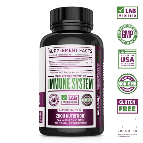 Zhou Resveratrol Supplement | Healthy Aging, Immune System &amp; Heart Health Support | Powerful Antioxidant Benefits | 30 Servings, 60 Veg Caps