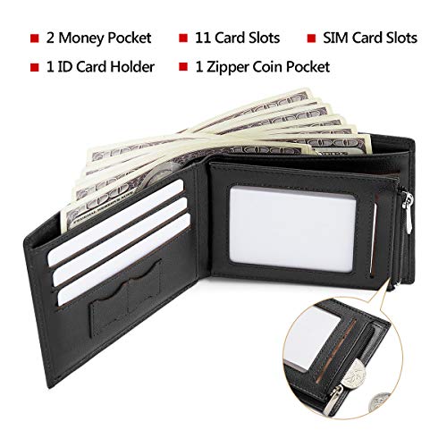 Leather Wallets for Men, Genuine Leather Gift Box Packaging Men&#39;s Short Wallet with Zipper Pocket Mens Bifold Wallet Credit Card Holder Casual Men Purse (Black)