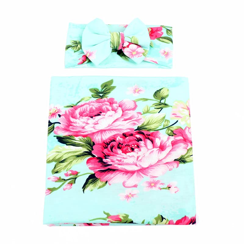 Receiving Blanket Headband Set Flower Print Baby Swaddle Receiving Blankets