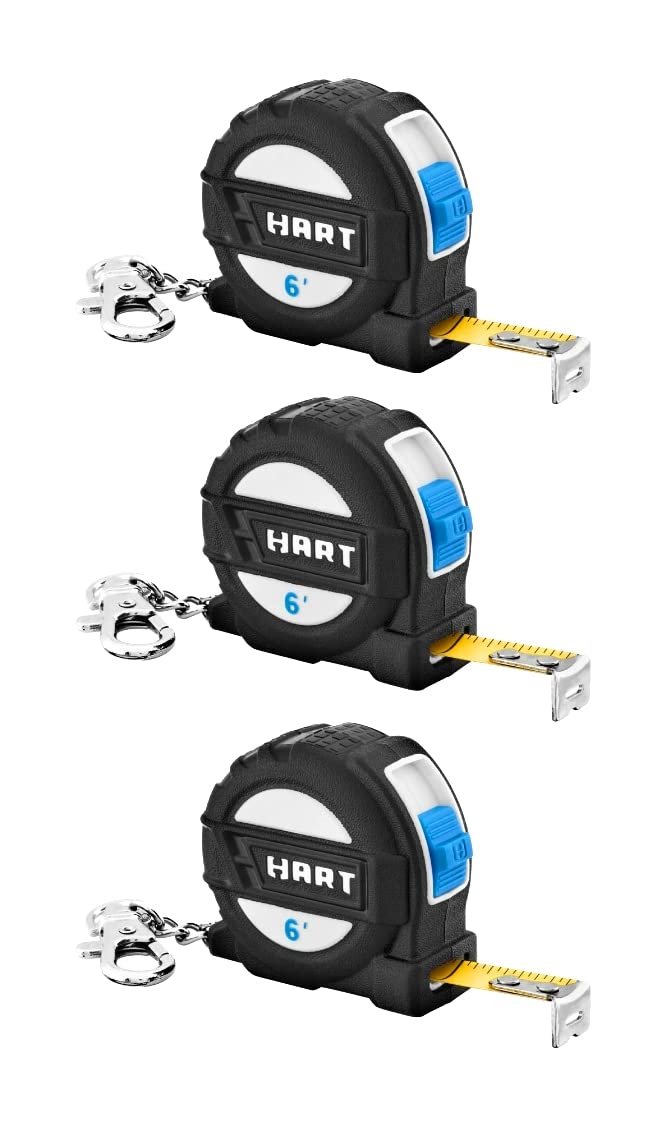 HART 3-Pack 6 Foot Compact Measuring Tape Keychain,Wide-Blade