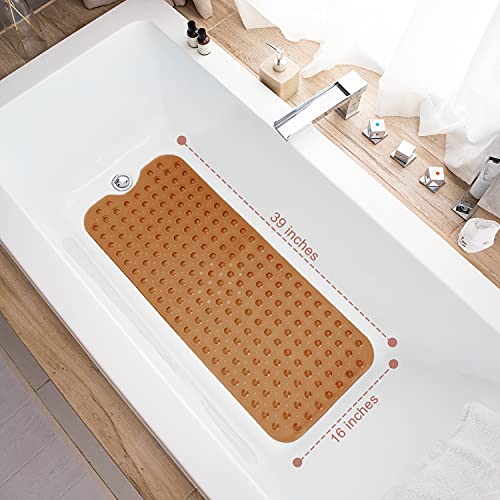 Bathtub Mats for Shower Tub Extra Long Non-Slip Bath Mat, 39 x 16 Inch Shower Mat with Drain Holes and Suction Cups, Bath Tub Mat for Bathroom with Machine Washable (Clear Brown)