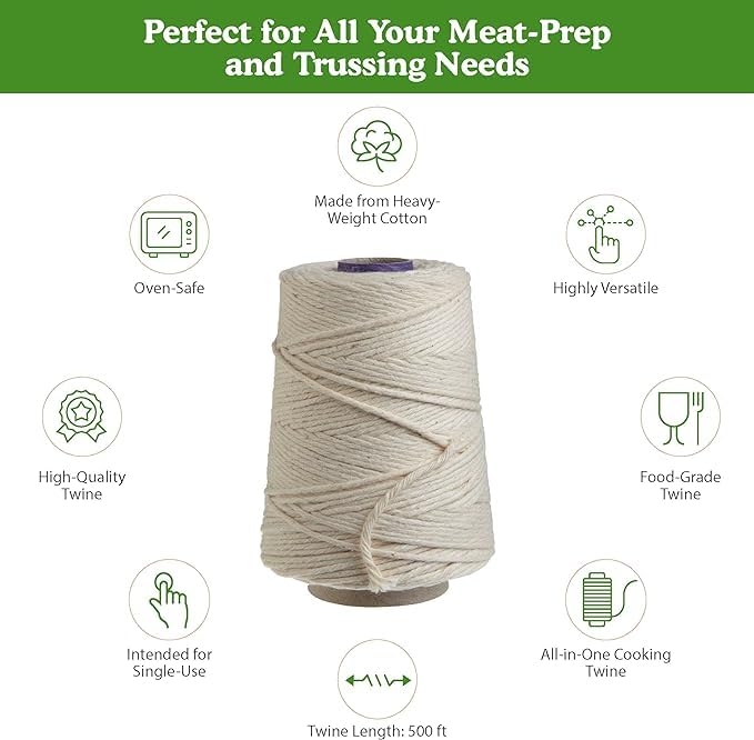 Butchers Cooking Twine, Heavy Duty, 500ft,16 Ply, 2.4mm, Food-Safe Cotton Kitchen String for Turkey Trussing, Meat Prep, Crafting, Natural, Pack of 1
