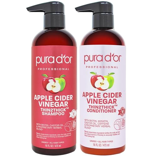 Apple Cider Vinegar Thin2Thick Set Shampoo Conditioner for Regrowth, Hair Loss, Clarifying, Detox (2 x 16oz) Biotin, Keratin, Caffeine, Castor Oil, All Hair Type, Men/Women, Packaging varies Product Name