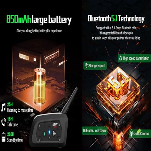 Motorcycle Helmet Bluetooth Headset V6 Pro, 2-Way 1200M Motorbike Helmet Intercom Communication System for Ski/ATV/Dirt Motorbike/Off Road for Full-face Helmet Flip-up Helmets(2 Pack)