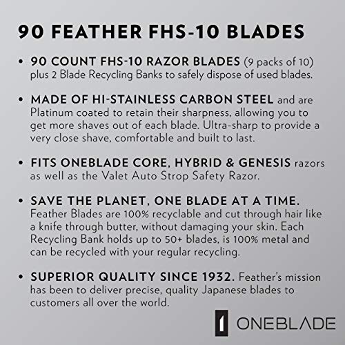 90 Feather FHS-10 Japanese Steel Razor Blades - Refill for OneBlade Core, Hybrid, & Genesis Razors - Single Blade Razor