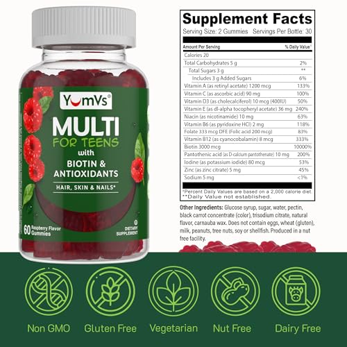 YumVs Teen Multivitamin Gummies with Biotin and Antioxidants - Raspberry Flavor - Hair Skin Nails Support - Vegetarian Kosher Teen Vitamins for Boys and Girls 12-17 - Teen Gummy Vitamins (60 Count)