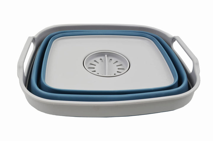7.5L (2 Gallons) Collapsible Dishpan with Draining Plug - Foldable Washing Basin - Portable Dish Washing Tub - Space Saving Kitchen Storage Tray (Grey/Steel Blue, 1)