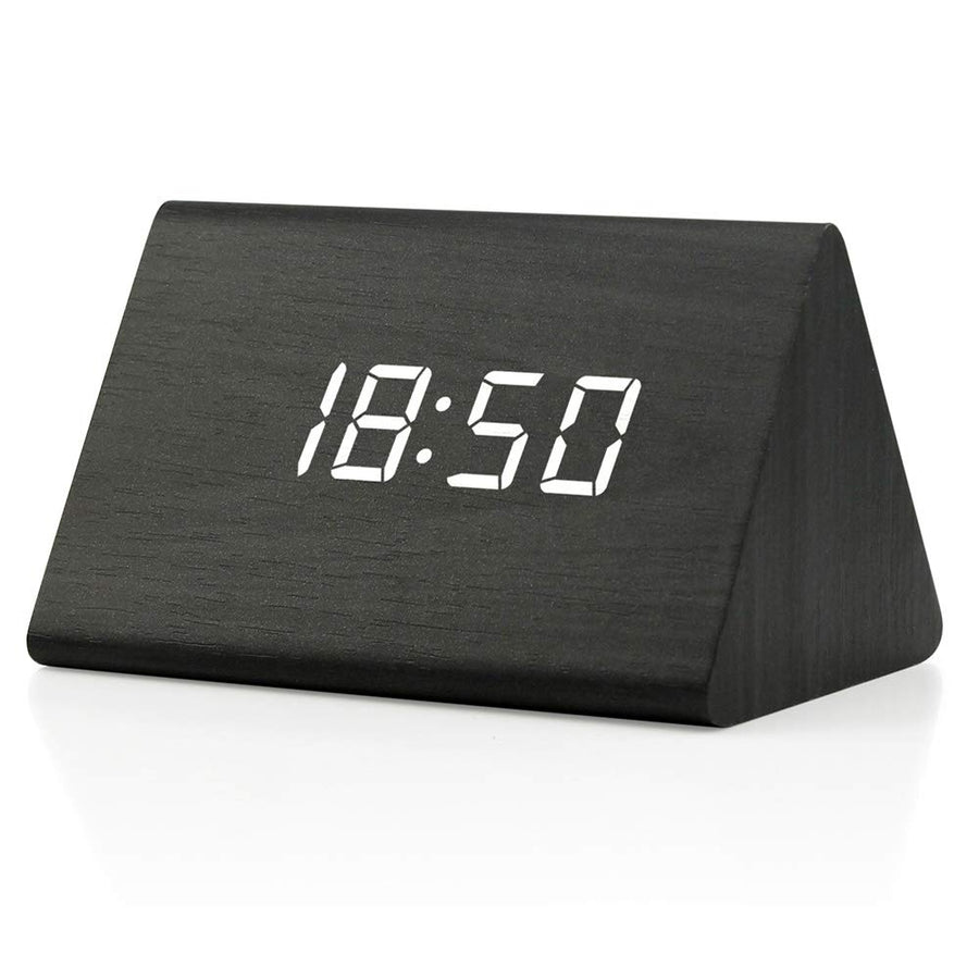 Wooden Wood Clock, New Version LED Alarm Digital Desk Clock Adjustable Brightness, Alarm Time, Displays Time Date Temperature - Black