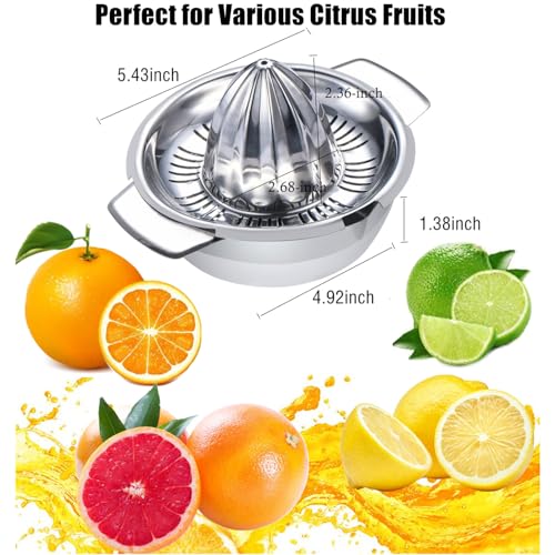 Citrus Lemon Orange Grapefruit Juicer Manual Squeezer 304 Stainless Steel Robust Hand Juicer Reamer Rotation Press with Strainer&amp;10oz Bowl, 2 Pour Spouts, Dishwasher Safe, Easy to Clean, Heavy Duty
