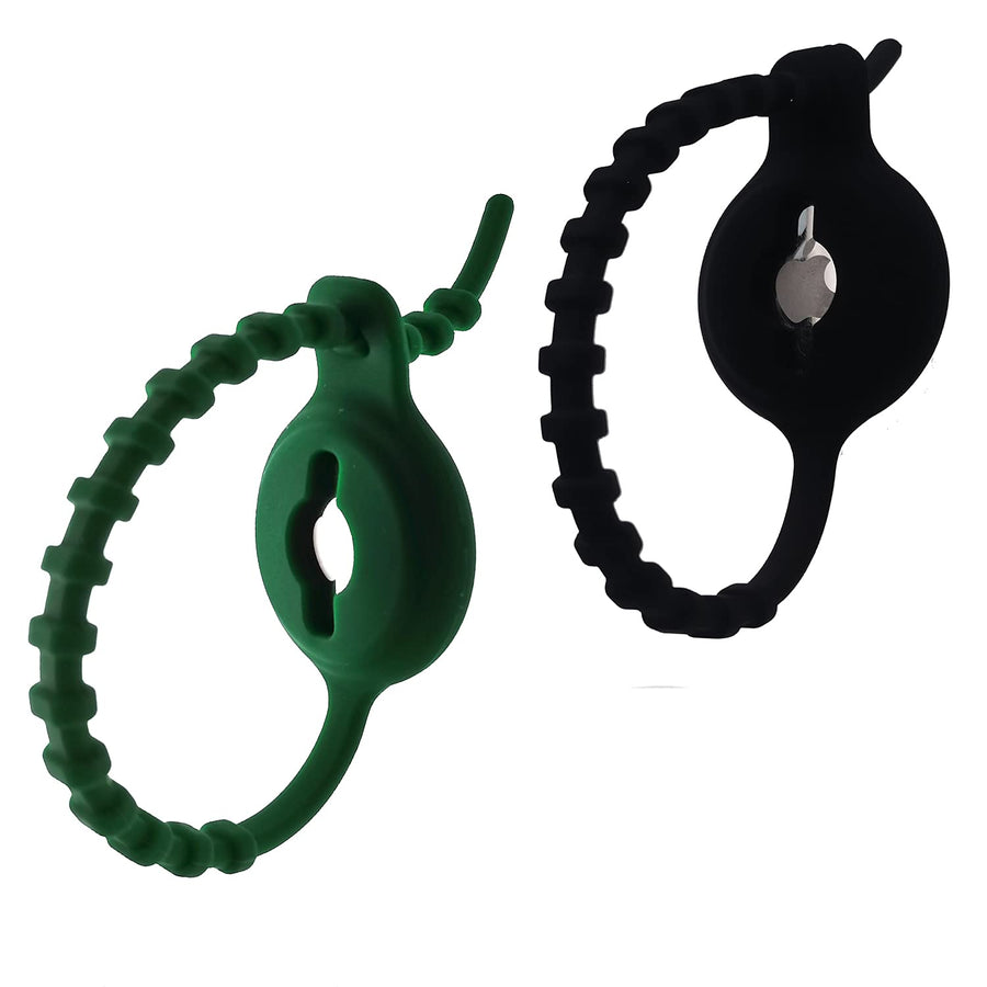 Bracelet Secure Case Holder for Airtag Babies Kids Anti-Lost Small Wrist, Waterproof Silicone Zipper Pull Loop Band for Apple Air Tag Toddler (Baby Wrist - 7.3) - Black / Green, 2 Pack