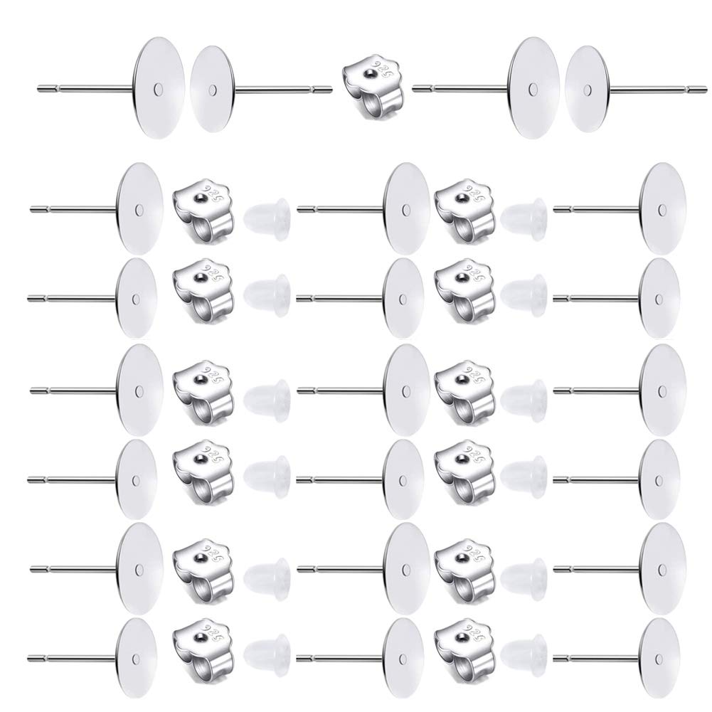 160 PCS 925 Sterling Silver Plated Earrings Posts Flat Pad Hypoallergenic Flat Pad Earring Studs with 925 Sterling Silver Earring Backs and Rubber Earring Backs for Jewelry Making Findings(5mm 8mm)