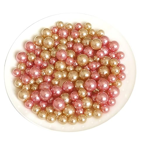 140 Pieces Floating Pearls for Vase Filler Gold Pink Pearl Beads No Hole Pearls Vase Pearls Makeup Beads for Brushes Holder, Home Wedding Decor 10/14mm(Gold and Pink)