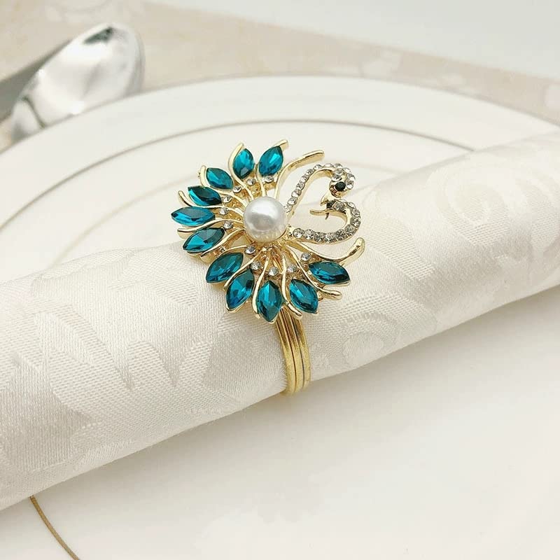 Gold Napkin Ring Teal Peacock Buckles Rhinestone Napkin
