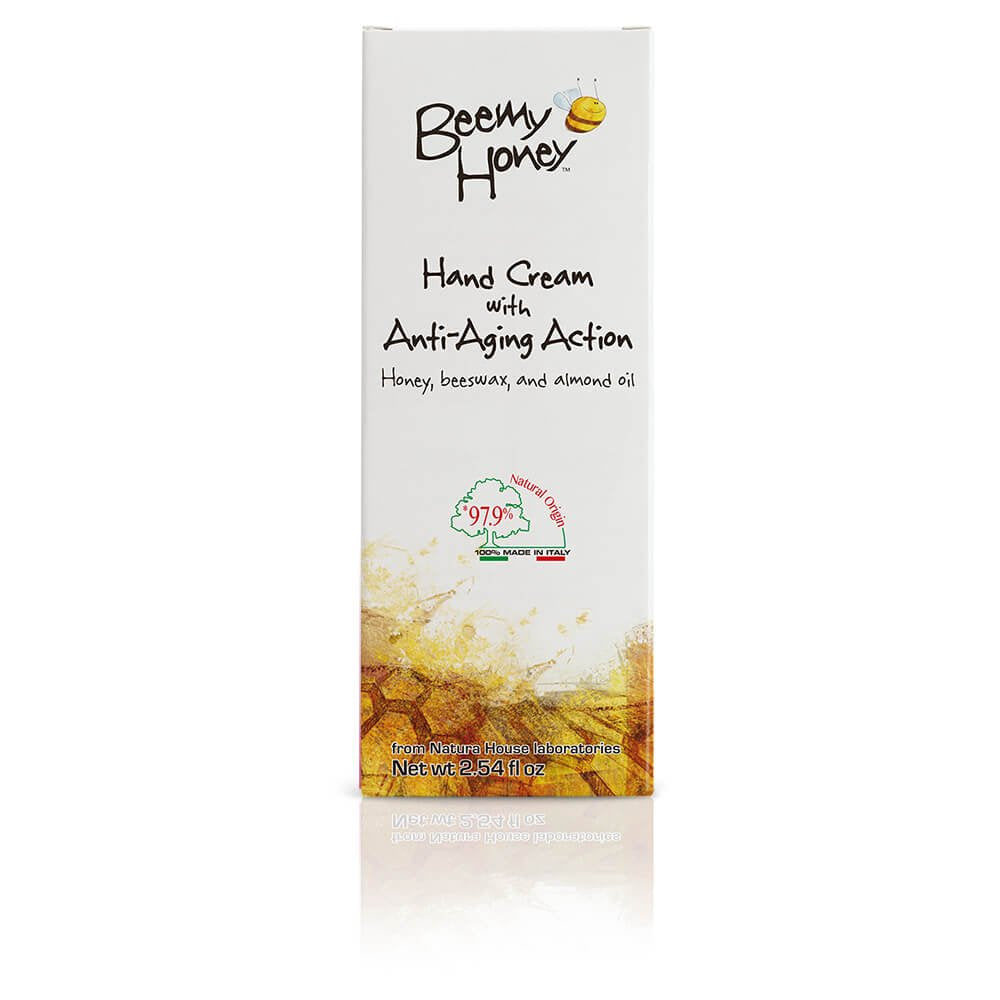 BeeMy Honey Hand Cream with Anti-Aging Action comes in a 2.54 oz container and contains Italian honey, beeswax, almond oil, and glycyrrhetinic acid to help prevent dryness and restore skin softness