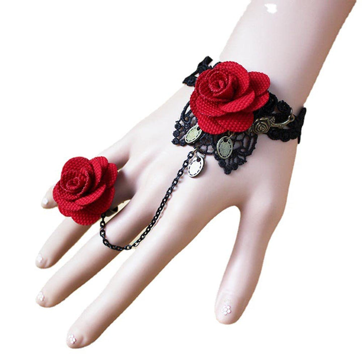 Gothic Retro Red Flower Ring Bracelet for Women Vampire Lolita Black Lace Bracelet for Halloween Decorations Party Accessory(1Piece)