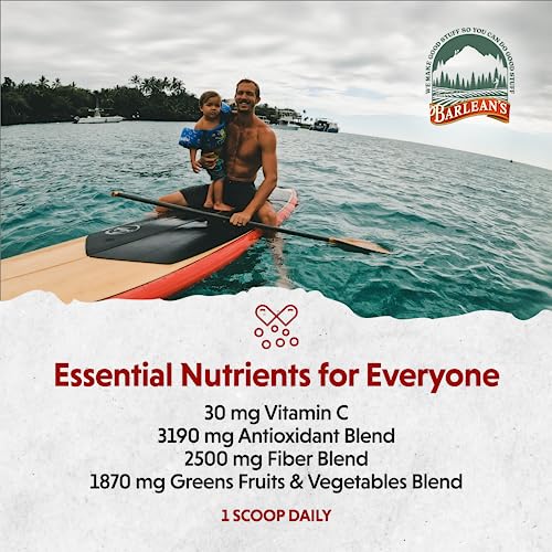 Barlean&#39;s Chocolate Greens Powder, Daily Fruits and Veggies Superfood Supplement, Green Antioxidant Blend and Fiber Super Power Smoothie Mix, 9.52 oz