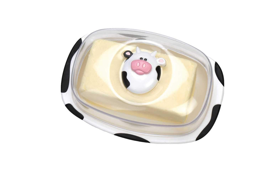 Moo Moo Butter Dish with Clear Lid, 1 Pound Large Capacity Holder, Cute Cow Refrigerator Storage Container, Durable Plastic, Keeps Butter and Cheese Fresh and Flavorful
