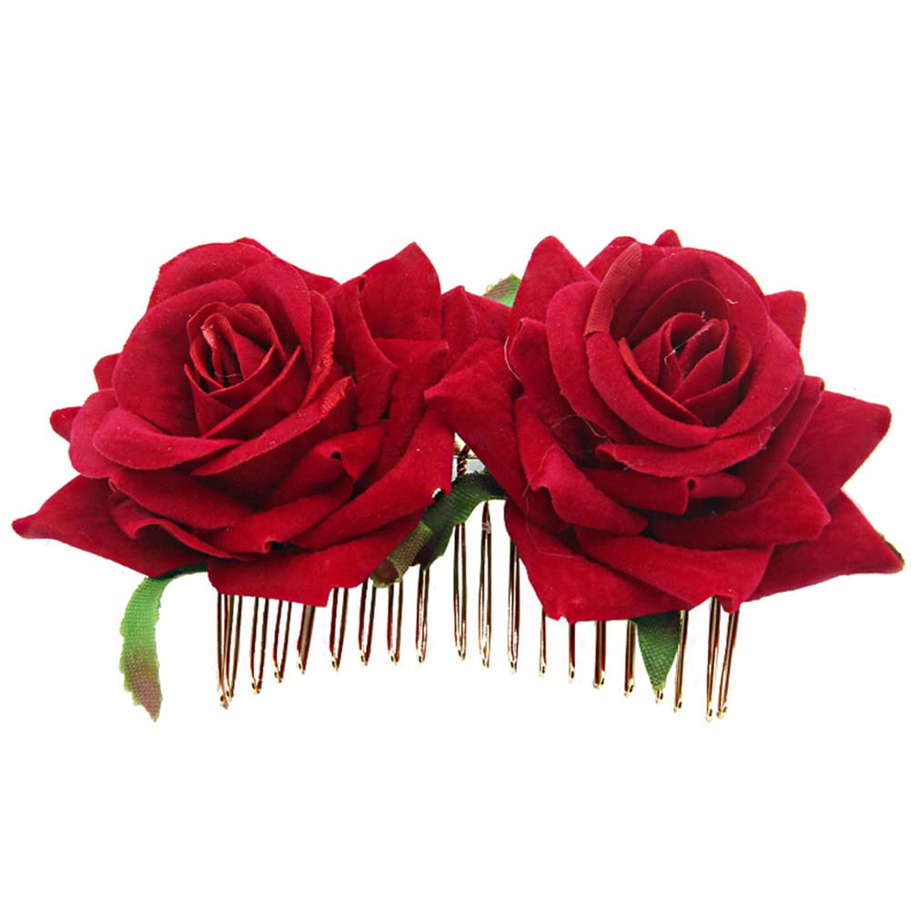 Rose Hair Clip Flowers Comb for Women Rose Flower Hairpin Hair Clips for Women Girls Burgundy Hair Accessories for Wedding Hair Side Comb for Brides Flower Hair Barrettes