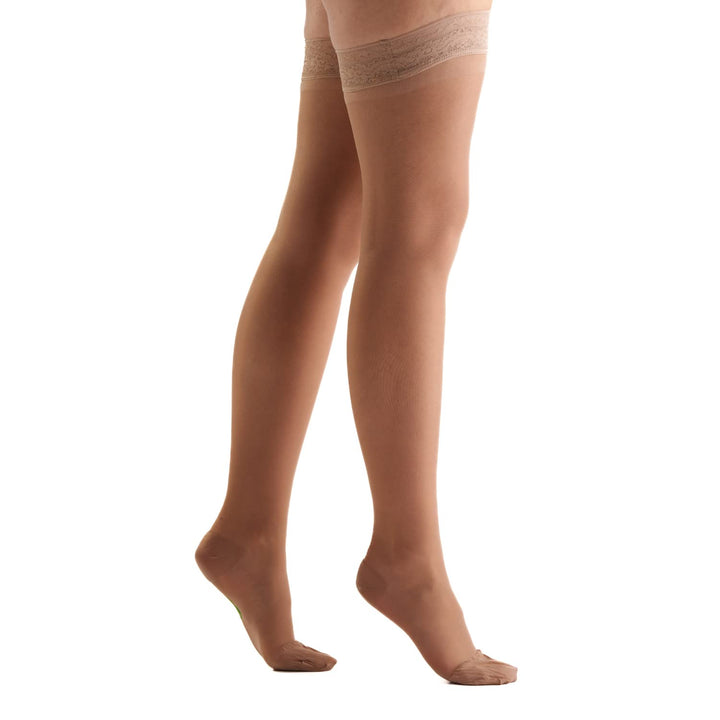 Women&#39;s USA Made Thigh High Compression Stockings 15-20 mmHg Moderate Pressure Everyday Socks Stay Up Lace Top Support Hose (XL, Tan Beige Nude)