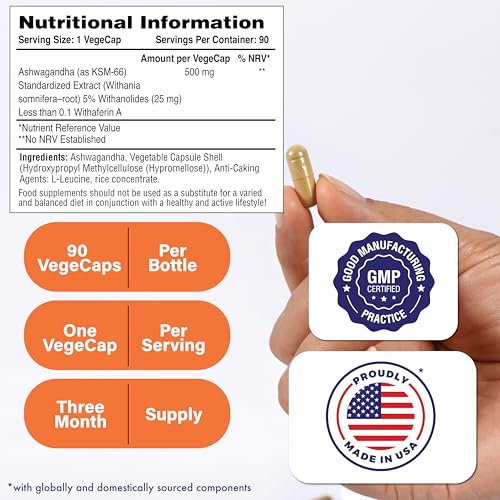 Ashwagandha 500mg KSM­66® 90 Capsules | Stress, Mood, Focus, &amp; Energy | Clinically Proven and Organic Root-Only Whitania Somnifera Extract | Non-GMO, Gluten &amp; Soy Free