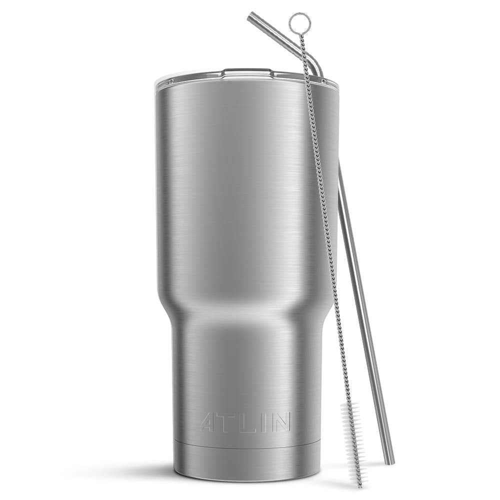 Atlin Tumbler [30 oz. Double Wall Stainless Steel Vacuum Insulation] Travel Mug [Crystal Clear Lid] Water Coffee Cup [Straw Included]For Home,Office,School - Works Great for Ice Drink, Hot Beverage