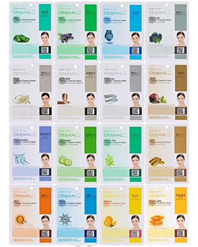 16 Combo Pack A Collagen Essence Korean Face Mask - Hydrating & Soothing Facial Mask with Panthenol - Hypoallergenic Self Care Sheet Mask for All Skin Types - Natural Home Spa Treatment Masks