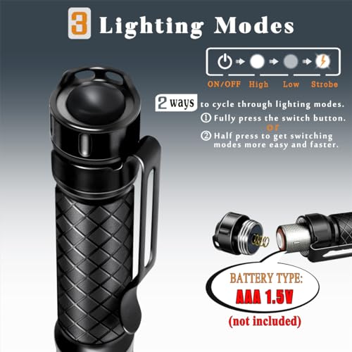 Mini Flashlight 3 Modes Small Flashlights LED Powerful High Lumens Tactical Pen Light with Clip,Slim Portable Pocket Compact Torch for Emergency Inspection AAA Battery Water-Resistant (3.4 &amp; 5.2 inch)