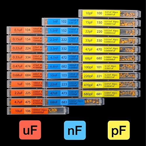 30 Value 900 pcs Multilayer Monolithic Ceramic Capacitor Assortment kit 10pf-10uF Individual Box Lid pf nf uf (900 pcs)