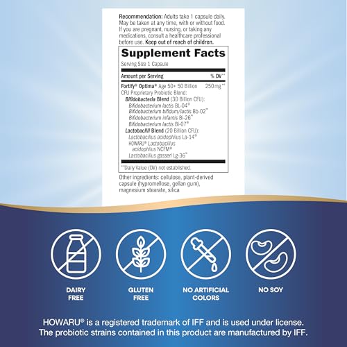 Nature&#39;s Way Fortify Optima Probiotic for Adults 50+, 50 Billion Live Cultures, Supports Digestive Balance, Colon &amp; Immune Health*, No Refrigeration Needed, 30 Capsules (Packaging May Vary)