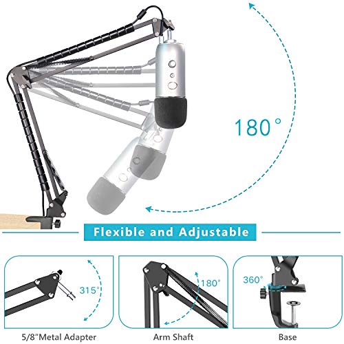 Blue Yeti Microphone Boom Arm Stand with Yeti Microphone Pop Filter, Compatible with Blue Yeti Mic, Blue Yeti X USB Microphone with Cable Sleeve