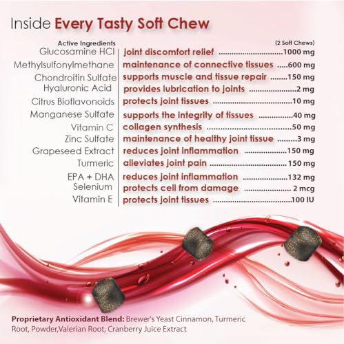 TS Joint Supplement Vet Formulated Pain &amp; Inflammation Relief Treats Hip Dysplasia &amp; Arthritis, Glucosamine, Chondroitin, Turmeric, MSM, HA, Creatine, Omega 3 EPA + DHA.120 Soft Chews