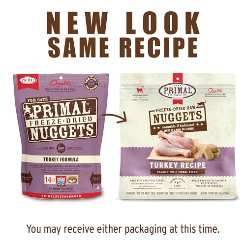 Primal Freeze Dried Raw Cat Food Nuggets Turkey, Complete & Balanced Meal or Topper, Premium, Healthy, Grain Free, High Protein Raw Cat Food with Probiotics (14 oz)