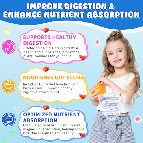 Kids Calcium Gummies + D3 &amp; Magnesium for 4+, with Calcium Citrate Calcium Gluconate, Calcium Lactate, Probiotics &amp; Prebiotics for Children Bone Health,Muscle Support,Digestive Health,Sugar Free 60Cts