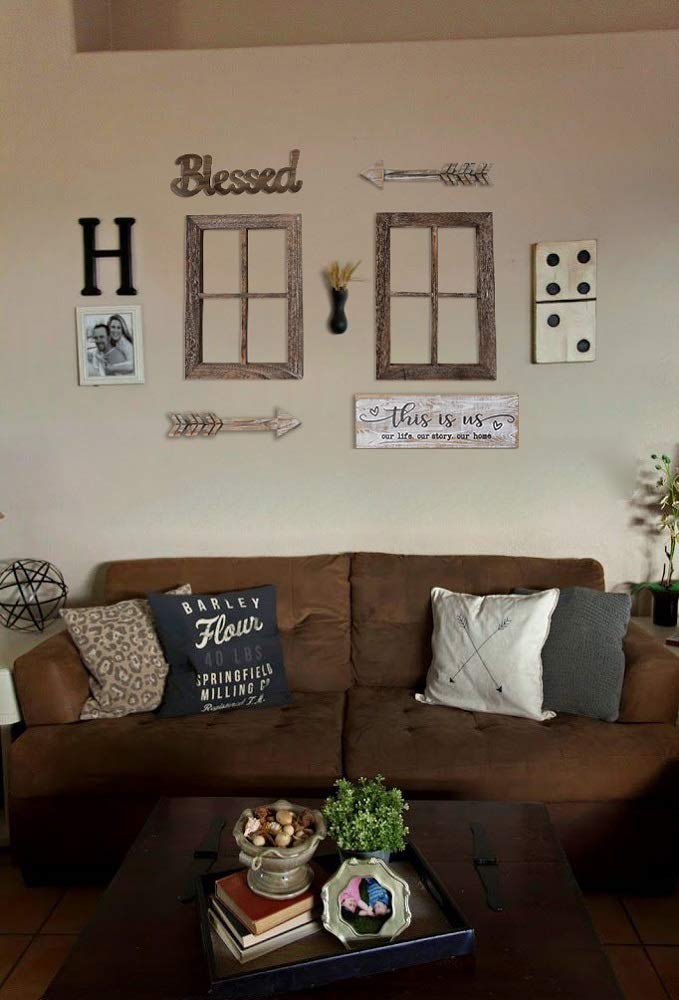Rustic Wall Decor Wood Window Frames &amp; Arrow Decor - Farmhouse Decoration for Home (11X15.8 inches, 2set)