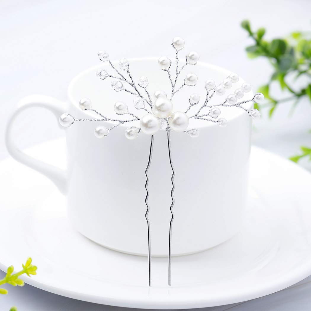Bride Wedding Pearl Hair Pins Girls Bridal Hair Accessories Hair Piece for Women and Girls 2PCS (Silver)