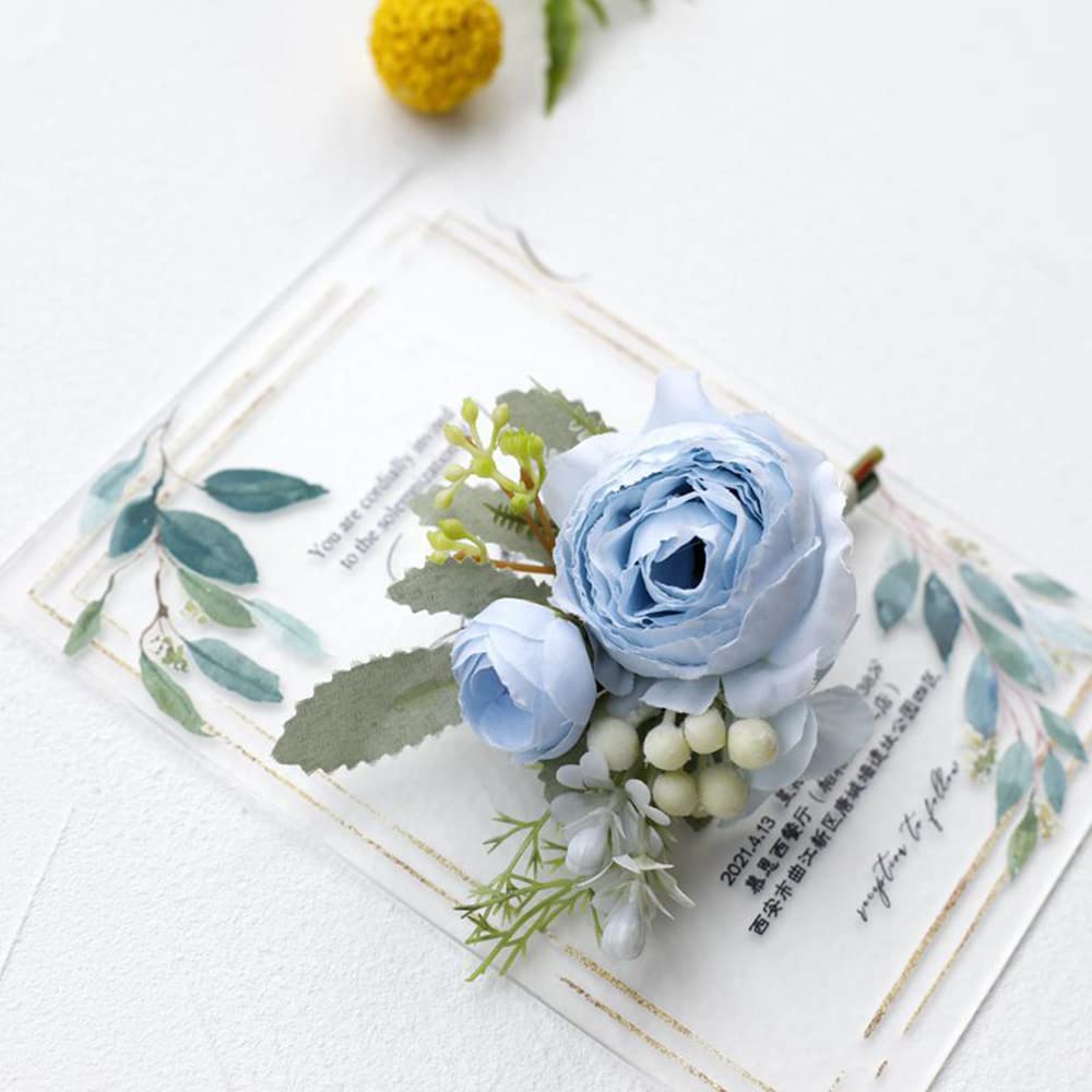 2Pcs Artificial Flowers Wrist Corsage and Boutonniere Set, Groom Groomsmen Bride Bridesmaids Wedding Flowers Accessories Prom Party Suit Decorations - Light Blue