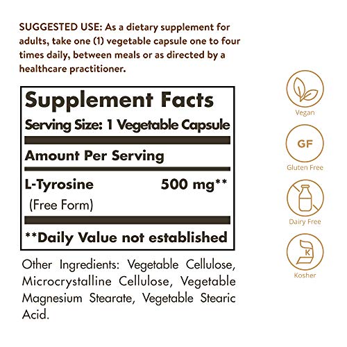 Solgar L-Tyrosine 500 mg, 100 Vegetable Capsules - Brain & Nervous System Support - Vegan, Gluten Free, Dairy Free, Kosher - 100 Servings ,Standard Packaging