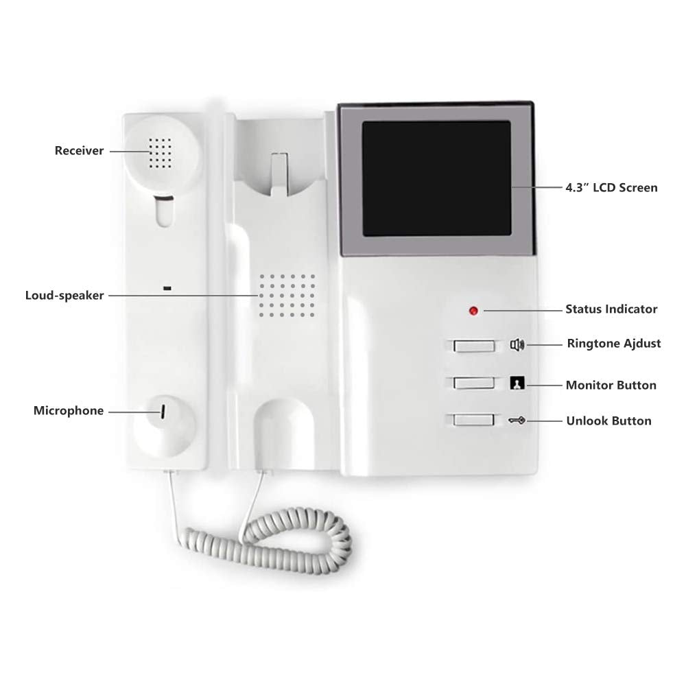 Video Door Phone System, 4.3 Inches Clear LCD Monitor Wired Video Intercom Doorbell Kits, IR Night Vision Outdoor Camera Door Intercom, Doorphone Telephone Style for Home Improvement