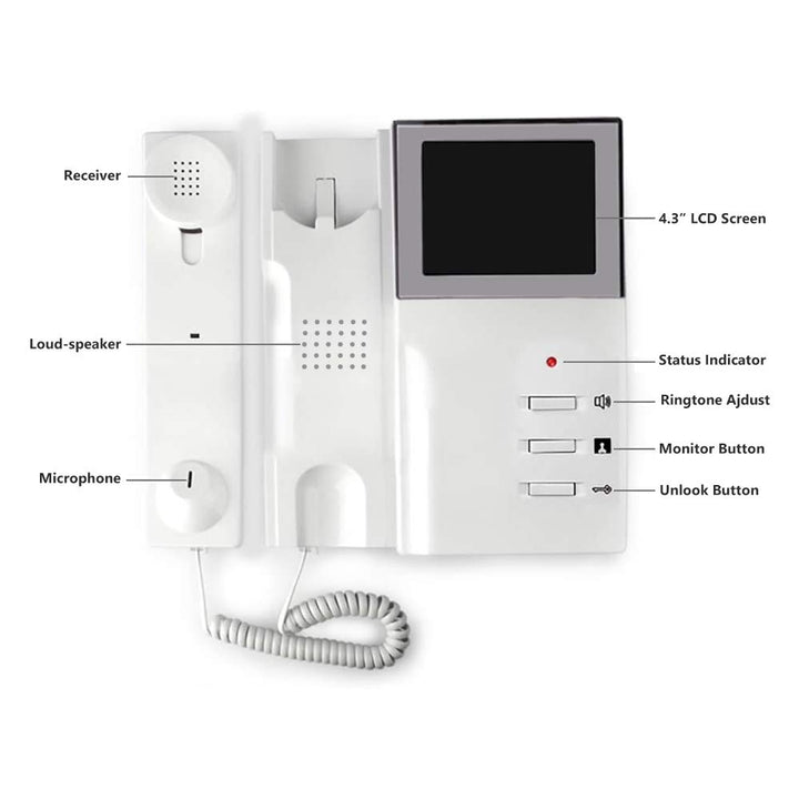 Video Door Phone System, 4.3 Inches Clear LCD Monitor Wired Video Intercom Doorbell Kits, IR Night Vision Outdoor Camera Door Intercom, Doorphone Telephone Style for Home Improvement