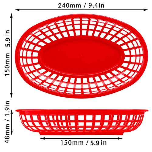 6Pcs Red-Oval Plastic Fast Food Serving Baskets, 9.4in x 5.9in, Great for Burgers, Fries, Sandwiches, Dishwasher and Microwave Safe