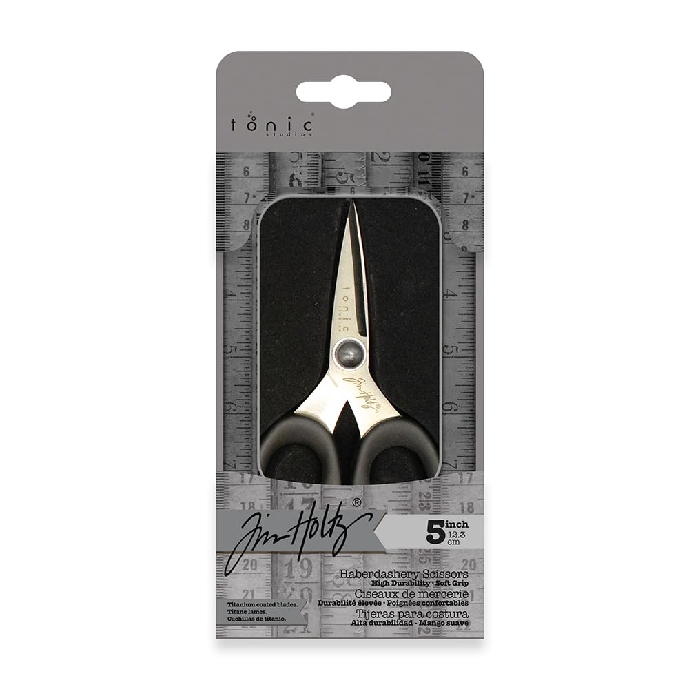 Tim Holtz Small Scissors - 5 Inch Mini Snips with Micro Serrated Blade - Craft Tool for Cutting Paper, Fabric, and Sewing - Titanium with Black Comfort Grip Handles