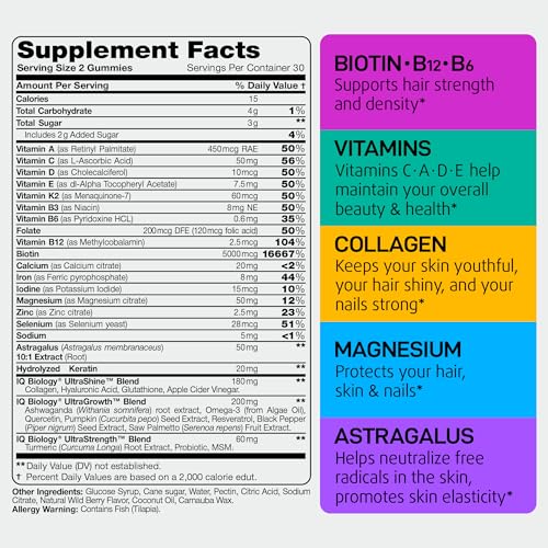 Hair Skin and Nails Gummies with Biotin Collagen Keratin Astragalus - Hair Growth Supplement & Hair Vitamins for Hair Loss for Women & Men, Hair Skin and Nails Multivitamin B7 Gummies, 60 Gummy Bears
