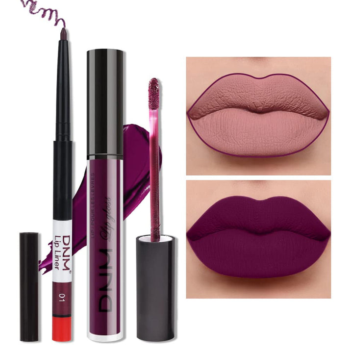 2pcs Matte Dark Purple Lip Liner and Lipstick Makeup Set, burgundy Matte Lipstick 24H and Lip Liner Set Deep Berry Matt Lip Gloss Waterproof Long Lasting Lip Liner Lipstick Set Dark Colors (09)