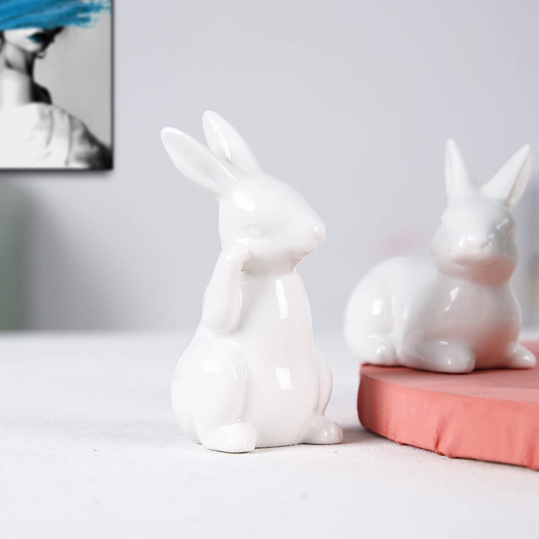 Ceramic Bunny Rabbits Figurine Decor, Porcelain Modern Art Home Decoration, Weddings Crafts Gifts, Statues for Easter Bunny Rabbits Decor