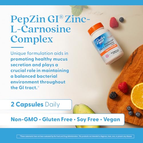 Doctor&#39;s Best PepZin GI, Zinc-L-Carnosine Complex, Non-GMO, Vegan, Gluten Free, Soy Free, Digestive Support, 120 Veggie Caps