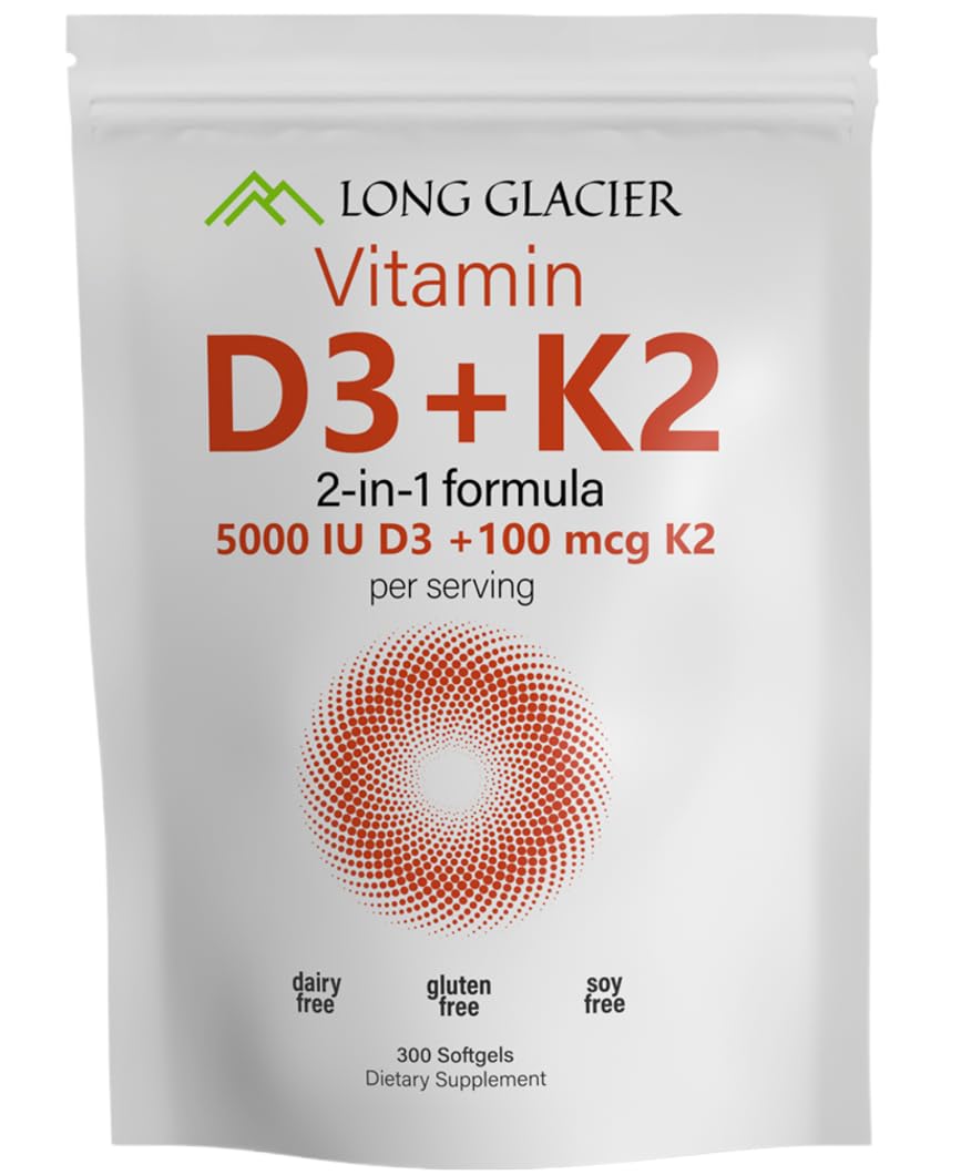 D3 5000 IU with K2 100 mcg, 300 SoftGels | D3 + K2 Supplement to Support Immune, Heart, Joint, Teeth and Bone Health | 300 Day Supply, Easy to Swallow